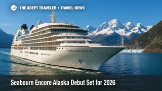 Seabourn Encore glides through the Inside Passage with snow-capped peaks and a tidewater glacier, showcasing Seabourn Encore Alaska luxury cruising.