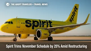 A Spirit Airlines A320neo on the ramp under clear skies illustrates bankruptcy restructuring and November capacity cuts.