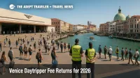 Travelers cross Venice Santa Lucia forecourt near Ponte degli Scalzi during access-fee hours, illustrating QR checks for the Venice daytripper fee.
