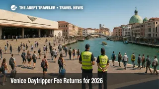 Travelers cross Venice Santa Lucia forecourt near Ponte degli Scalzi during access-fee hours, illustrating QR checks for the Venice daytripper fee.