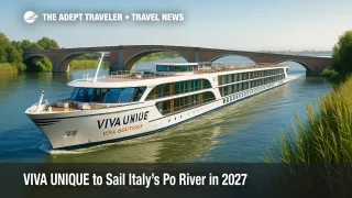 A boutique river cruise ship on Italy's Po River glides toward the Venetian Lagoon, illustrating the VIVA UNIQUE premium river cruise concept.