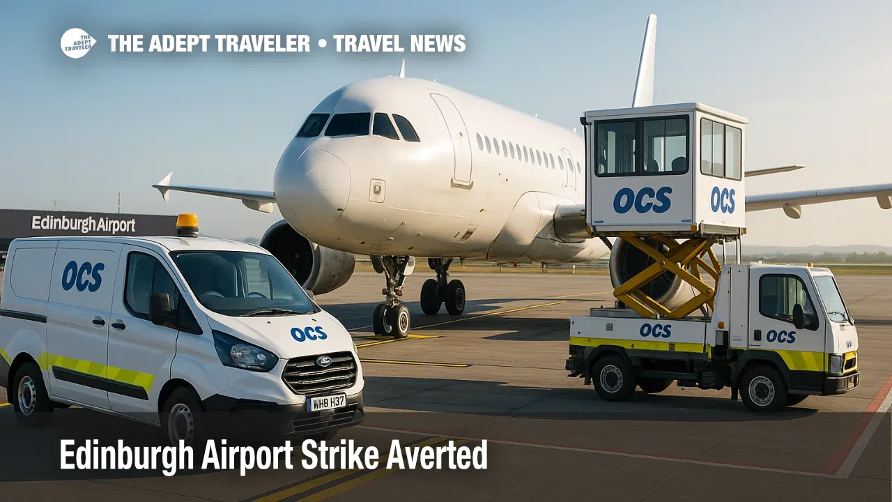 Ambulift and assistance vehicle positioned at an Edinburgh Airport gate as PRM staff work, reflecting the strike averted and accessibility services.