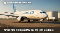 A modern twin-engine jet taxis near a fuel farm as ground crew stage SAF equipment, illustrating airfare 2025 cost pressures and routing changes.