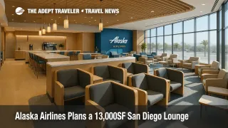 A spacious Alaska Airlines San Diego lounge with quiet work pods, a central barista counter, and coastal-inspired finishes for premium travelers.