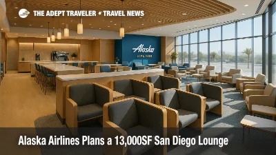 A spacious Alaska Airlines San Diego lounge with quiet work pods, a central barista counter, and coastal-inspired finishes for premium travelers.