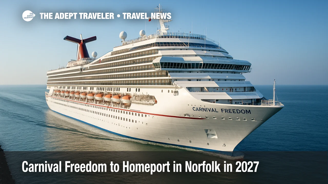 Carnival Freedom sails past a harbor channel under clear skies, illustrating the 2027 Norfolk homeport and expanded itineraries.