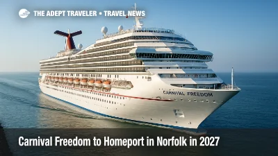 Carnival Freedom sails past a harbor channel under clear skies, illustrating the 2027 Norfolk homeport and expanded itineraries.