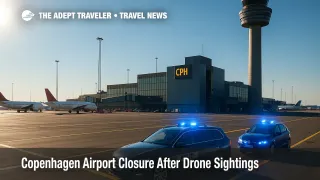 Police vehicles and the CPH control tower frame grounded aircraft during a brief Copenhagen Airport closure driven by drone sightings.