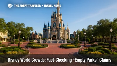 A bright, crowd-level view of Cinderella Castle from the hub illustrates September's lighter Disney World crowds and shorter wait times.
