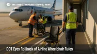 Ground staff prepare an aisle chair at a jet bridge, illustrating airline wheelchair rules and training requirements for safe boarding.