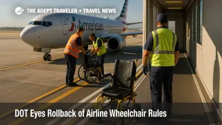 Ground staff prepare an aisle chair at a jet bridge, illustrating airline wheelchair rules and training requirements for safe boarding.