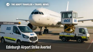 Ambulift and assistance vehicle positioned at an Edinburgh Airport gate as PRM staff work, reflecting the strike averted and accessibility services.