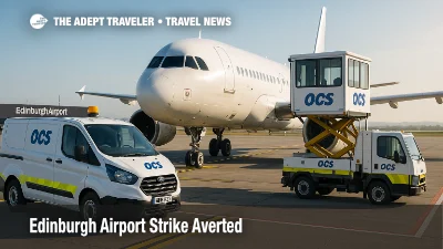 Ambulift and assistance vehicle positioned at an Edinburgh Airport gate as PRM staff work, reflecting the strike averted and accessibility services.