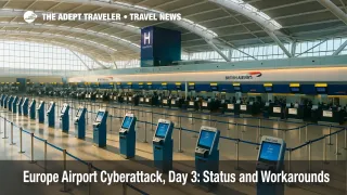 Wide view of Heathrow check-in hall with active kiosks and short lines as Europe airport cyberattack recovery improves at major hubs.