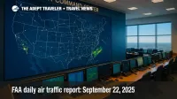 The FAA Command Center wall map shows national routes and convective weather, illustrating today's FAA daily air traffic report risks.
