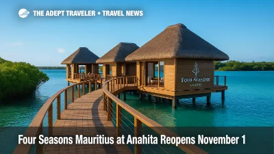 Overwater Oseyan Spa at Four Seasons Mauritius at Anahita with mangroves, timber boardwalks, and turquoise lagoon highlighting the resort's overwater spa.