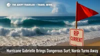 Powerful Atlantic breakers under sunny skies signal rip-current risk from Hurricane Gabrielle for East Coast travelers and cruise itineraries.