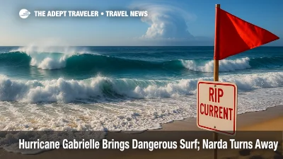 Powerful Atlantic breakers under sunny skies signal rip-current risk from Hurricane Gabrielle for East Coast travelers and cruise itineraries.