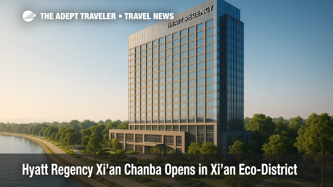 A riverside view of Hyatt Regency Xi'an Chanba with glass façades and parkland paths, highlighting the eco-district setting and the hotel opening.