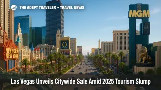 Wide view of the Las Vegas Strip promoting the Las Vegas citywide sale with major resorts in bright midday light and clear skies.