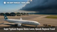 Storm clouds build over Hong Kong International Airport as Super Typhoon Ragasa triggers flight cancellations and ferry suspensions.