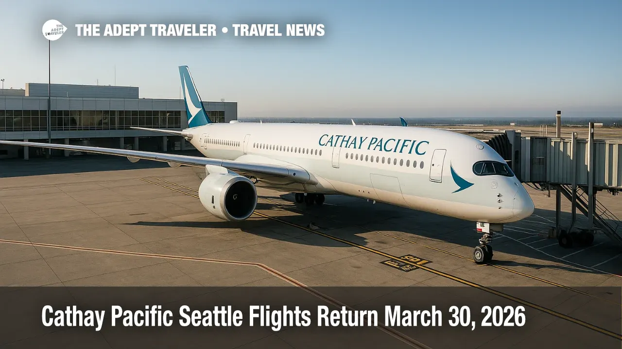 Cathay Pacific A350-900 at a SEA gate under clear skies, illustrating the return of Cathay Pacific Seattle flights and added Asia connectivity.