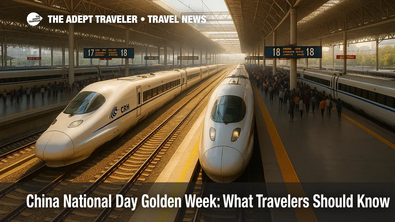 Crowded Chinese high speed rail concourse with CRH trains and departure boards during China National Day Golden Week travel period.