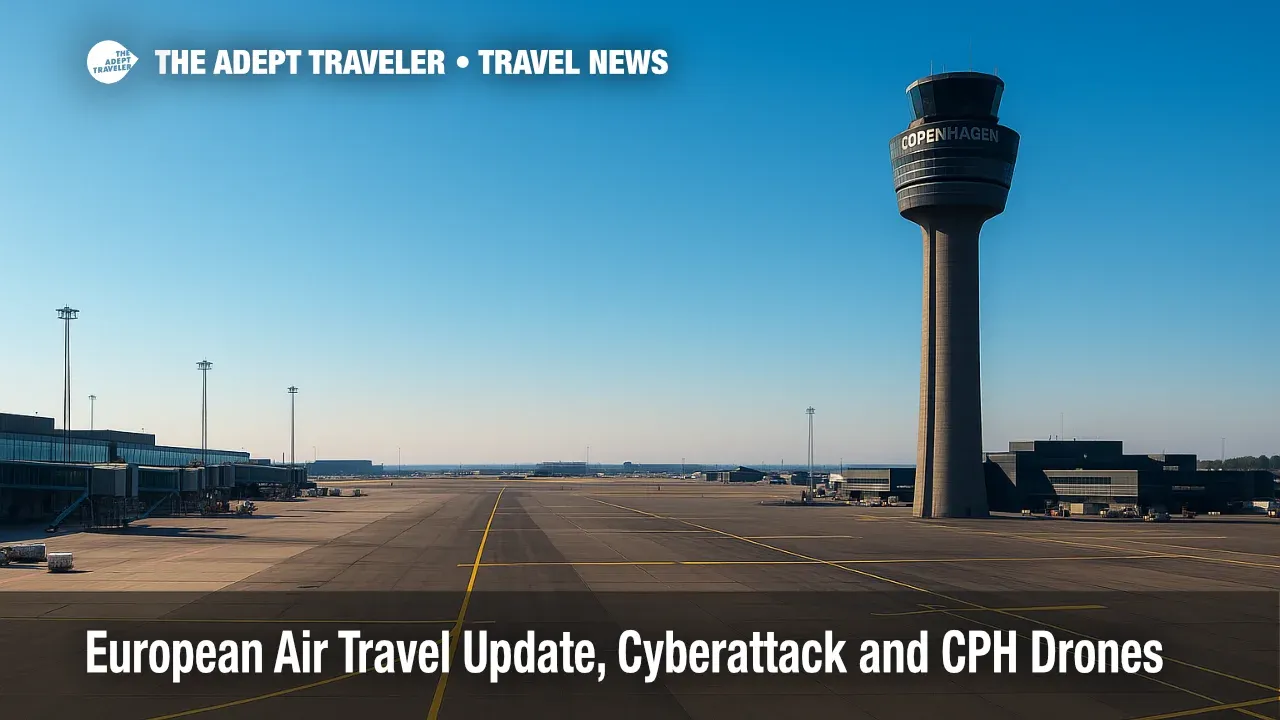 A wide view of Copenhagen Airport's apron and tower as operations resume after a drone disruption, part of today's European air travel update.