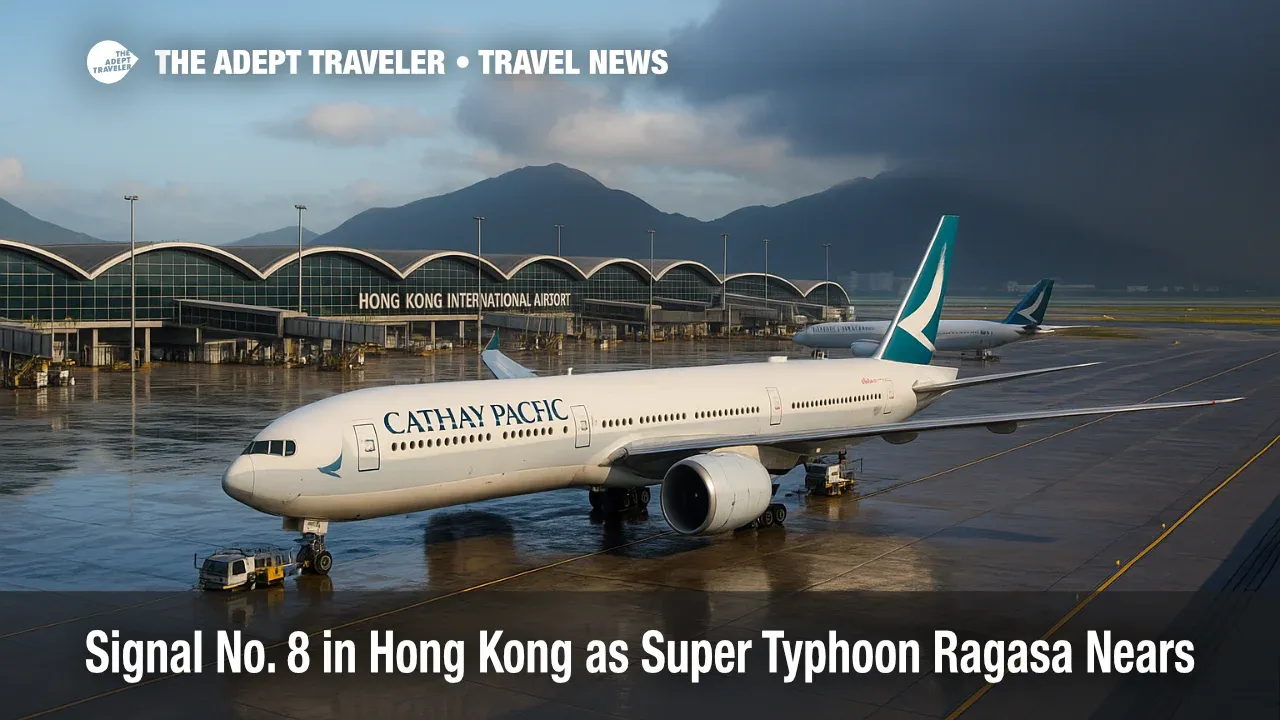 Aircraft stands glisten in rain as Super Typhoon Ragasa curtails operations at Hong Kong International Airport, with ground vehicles paused and low clouds moving in.