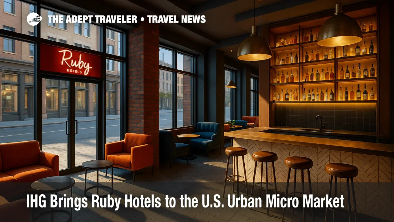 A street-level Ruby Hotels lobby shows a 24/7 bar, compact seating, and premium finishes, reflecting the urban micro style for Ruby Hotels in U.S. cities.
