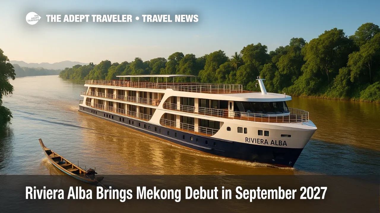 A boutique river ship glides along the Mekong near lush banks, highlighting a Riviera Alba Mekong cruise with relaxed, small-ship comfort.