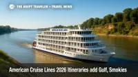 A modern American Cruise Lines riverboat transits a calm bend, illustrating U.S. river cruises and new Gulf Coast and Great Smoky Mountains itineraries.