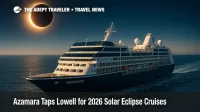 An Azamara ship sails under a darkened sky as the moon covers the sun, illustrating a 2026 solar eclipse cruise with expert programming at sea.