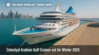 Celestyal Journey at Abu Dhabi cruise terminal under clear skies, signaling expanded Celestyal Arabian Gulf cruises in winter 2025.