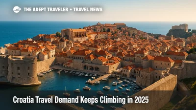 A wide elevated view of Dubrovnik's City Walls and harbor under clear skies, illustrating rising Croatia travel demand across the Adriatic coast.
