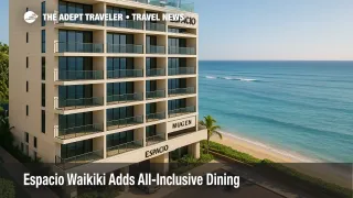 Aerial three-quarter view of ESPACIO in Waikiki with rooftop pool and beach frontage, illustrating the hotel's new all-inclusive dining program.