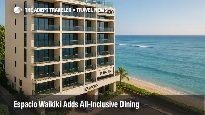 Aerial three-quarter view of ESPACIO in Waikiki with rooftop pool and beach frontage, illustrating the hotel's new all-inclusive dining program.