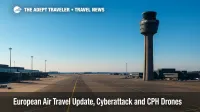 A wide view of Copenhagen Airport's apron and tower as operations resume after a drone disruption, part of today's European air travel update.