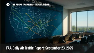 The FAA Command Center wall map shows sector flows and initiatives, illustrating airspace flow program activity in today's FAA daily air traffic report.