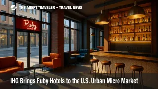 A street-level Ruby Hotels lobby shows a 24/7 bar, compact seating, and premium finishes, reflecting the urban micro style for Ruby Hotels in U.S. cities.