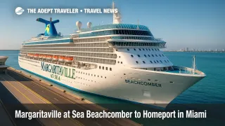 A wide view of Margaritaville at Sea Beachcomber docked at PortMiami, highlighting the new weeklong Caribbean itineraries and flagship scale.