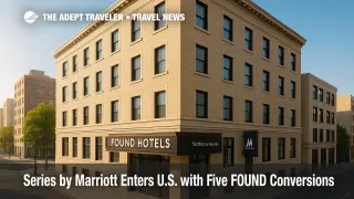 A FOUND Hotels facade on a sunny city block, illustrating a conversion to Series by Marriott and emphasizing neighborhood character.