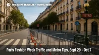 Avenue Montaigne near Paris Fashion Week venues with barricades and a Metro entrance, guiding travelers on Paris Metro and airport transfers.