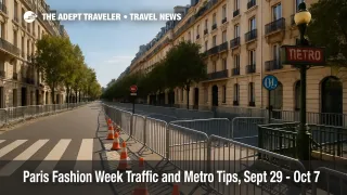 Avenue Montaigne near Paris Fashion Week venues with barricades and a Metro entrance, guiding travelers on Paris Metro and airport transfers.
