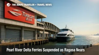 Ticket halls are shuttered at a Hong Kong ferry pier as Super Typhoon Ragasa suspends Pearl River Delta ferries.