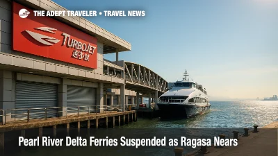 Ticket halls are shuttered at a Hong Kong ferry pier as Super Typhoon Ragasa suspends Pearl River Delta ferries.