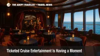 An intimate cruise ship supper club with small cocktail tables and a live trio, illustrating ticketed cruise entertainment.