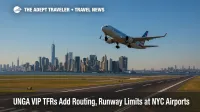 A departing airliner climbs over the New York skyline as UN General Assembly TFRs reshape routings and runway use across the metro area.