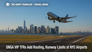 A departing airliner climbs over the New York skyline as UN General Assembly TFRs reshape routings and runway use across the metro area.
