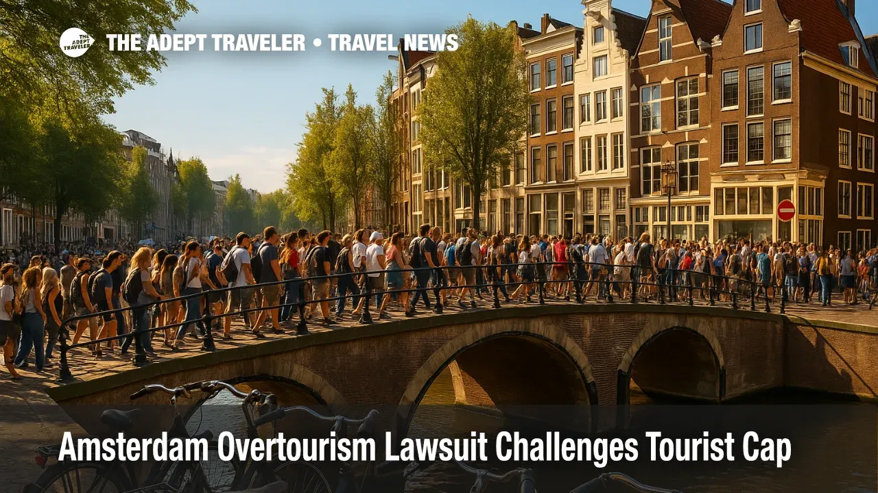 Crowds cross an Amsterdam canal bridge during peak season, illustrating the Amsterdam overtourism lawsuit and the city's tourism cap debate.
